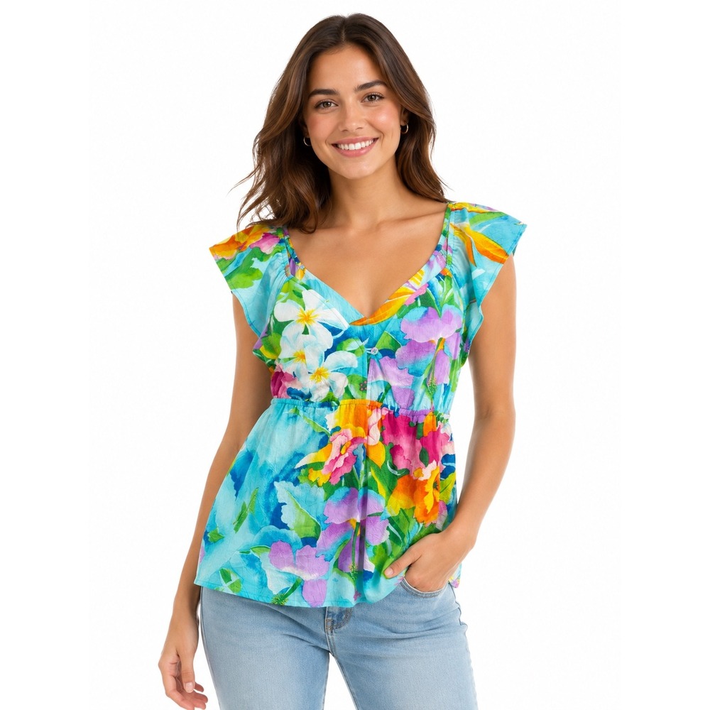 Jams World Corsage Floral Rayon V-Neck Empire Waist Top Made in Hawaii Small